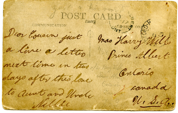 Reverse of post card sent to Harry Wills in Canada.