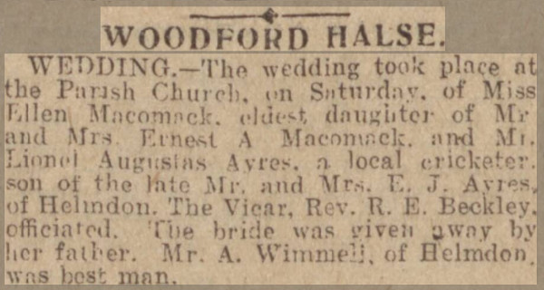Newspaper clipping from the Northampton Mercury 18th September 1931. Reporting the wedding of Ellen Macomack to Lionel Ayres.