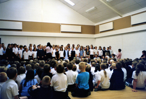School leavers in the new school hall in 2005.
